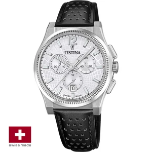 FESTINA SWISS F20060/1 férfi óra ezüst számlappal fekete bőrszíjjal