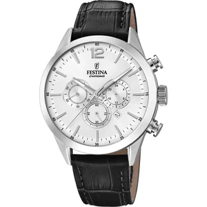 FESTINA - F20542/1 férfi óra ezüst számlappal fekete bőrszíjjal