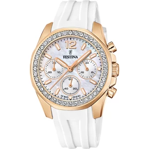 FESTINA - F20611/1 női óra gyöngyház számlappal, cirkónia kövekkel fehér szilikon (gumi) szíjjal