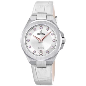 FESTINA - F20701/1 női óra gyöngyház számlappal, cirkónia kövekkel fehér bőrszíjjal