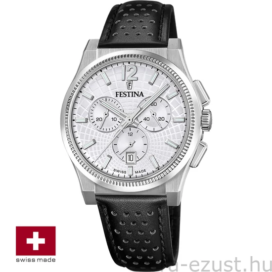 FESTINA SWISS F20060/1 férfi óra ezüst számlappal fekete bőrszíjjal