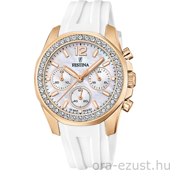 FESTINA - F20611/1 női óra gyöngyház számlappal, cirkónia kövekkel fehér szilikon (gumi) szíjjal