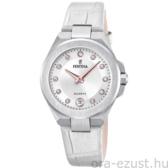 FESTINA - F20701/1 női óra gyöngyház számlappal, cirkónia kövekkel fehér bőrszíjjal