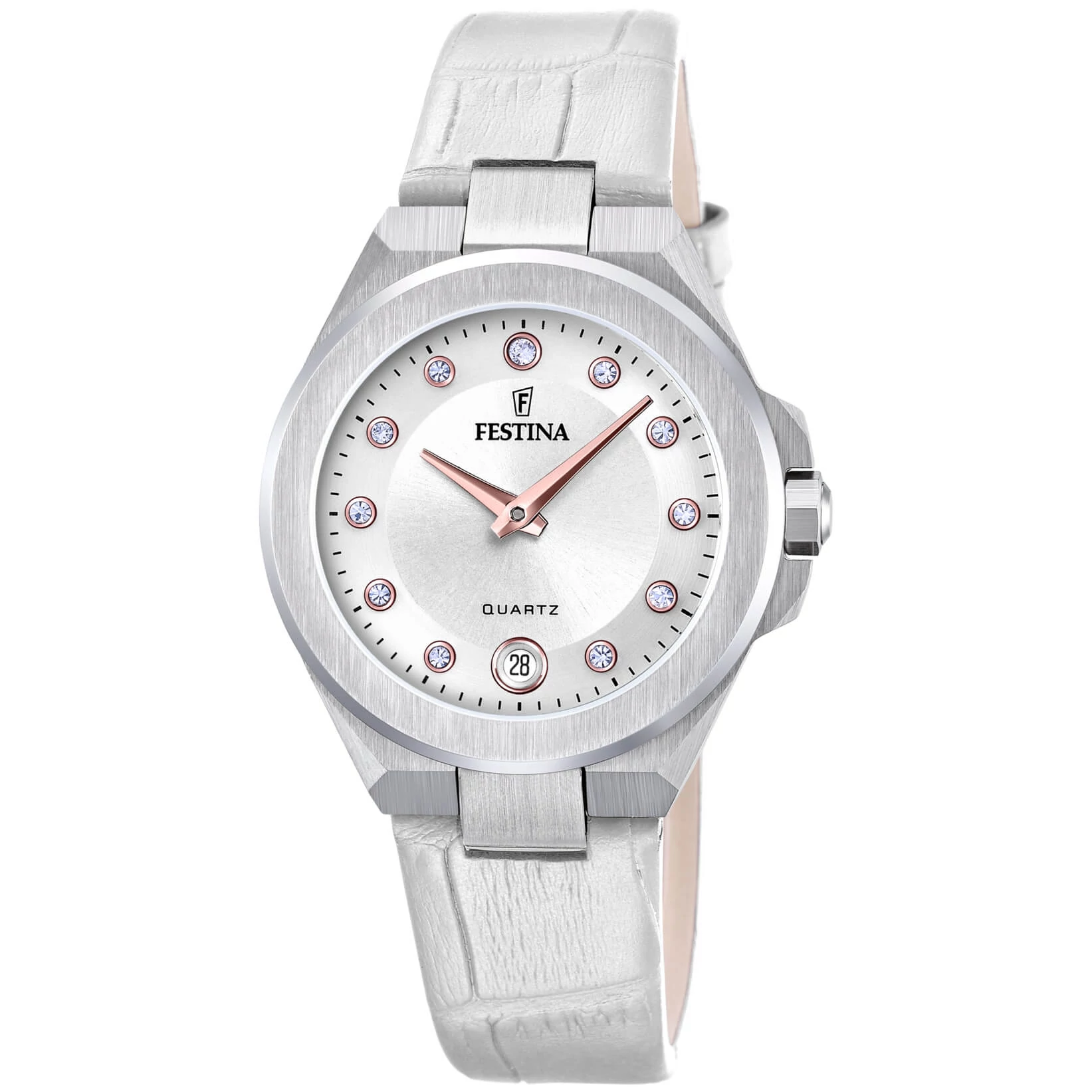 FESTINA - F20701/1 női óra gyöngyház számlappal, cirkónia kövekkel fehér bőrszíjjal